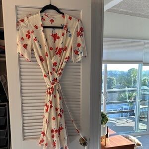 Reformation Floral Wrap Dress - Red and Blue on Cream